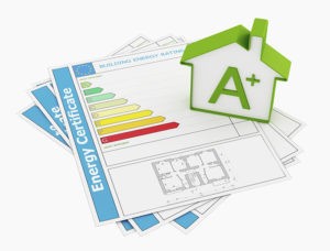 Energy certificate with house model isolated on white - rendering